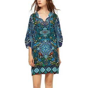 Urban CoCo Bohemian Tassel Tie Blue Floral Ethnic Style Summer Shift Dress L NWT